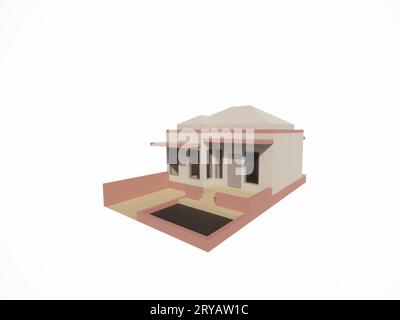 3D-Architekturmodell des Äußeren eines minimalistischen weiß-braun-rosa Hauses Stockfoto