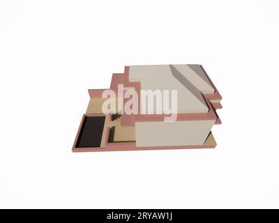 3D-Architekturmodell des Äußeren eines minimalistischen weiß-braun-rosa Hauses Stockfoto
