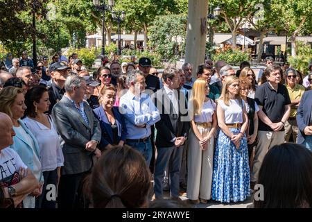 Logroño, La Rioja, Spanien - 09. Juli 2023. Protest gegen das sexistische Verbrechen in Logroño. Ein Mann syrischer Herkunft ersticht seine Frau und ersticht sie Stockfoto