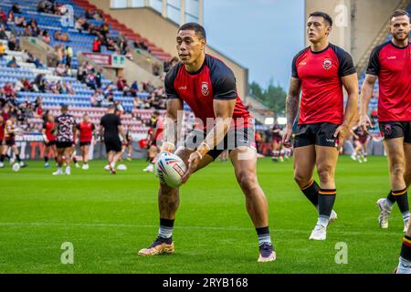 Salford Red Devils vs Wigan Warriors 2023 - DW Stadium, Wigan. Betfred Super League Spiel. Großbritannien, England, Wigan. Stockfoto