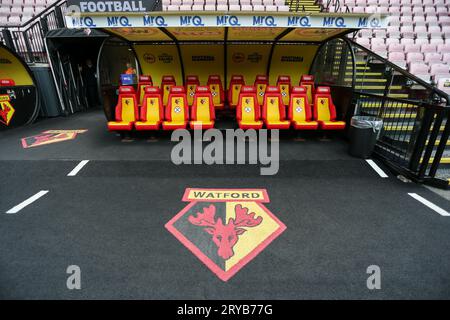 Watford, Großbritannien. September 2023 30. A General View of the Stadium during the Sky Bet Championship Match Watford vs Middlesbrough at Vicarage Road, Watford, United Kingdom, 30. September 2023 (Foto: Arron Gent/News Images) in Watford, United Kingdom am 30. September 2023. (Foto: Arron Gent/News Images/SIPA USA) Credit: SIPA USA/Alamy Live News Stockfoto