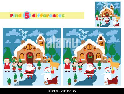 Finden Sie die Unterschiede. Santa Claus Haus in der Nähe mit Santa, Ehefrau, Elfen, Schneemann, Hirsch und Schlitten. Märchenhafte Weihnachtsvektorlandschaft. Stock Vektor