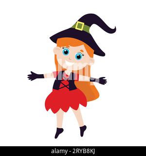 Ein Mädchen in einem Hexenkostüm und einem Hut. Halloween-Charakter-Design im Cartoon-Stil isoliert auf weißem Hintergrund. Stock Vektor