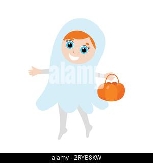 Ein Mädchen in einem Geisterkostüm mit einem Korb in den Händen. Halloween-Charakter-Design im Cartoon-Stil isoliert auf weißem Hintergrund. Stock Vektor