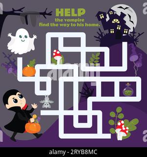 Das Labyrinth-Spiel für Kinder hilft dem Vampirjungen, ein Zuhause zu finden. Ein Halloween-Spiel mit einer niedlichen Figur. Arbeitsblatt für Kindergärten und Schulen. Stock Vektor