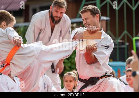 Demonstrationsleistungen von Kindern im Karate Stockfoto