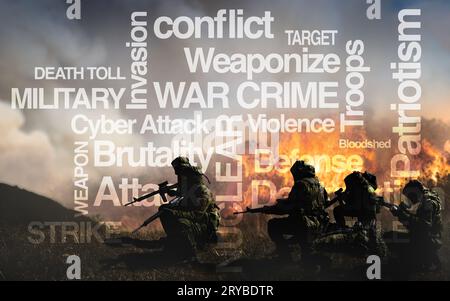 Armee, Gewehr und Wort überlagern sich in Explosion, Verteidigung und Schlacht im Krieg, Kampf und Mission zum Zuschlagen. Militär, Gefahr und Gewalt in Tarnung, Text und Stockfoto