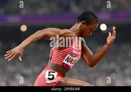 Hangzhou, chinesische Provinz Zhejiang. September 2023 30. Salwa Eid Naser Naser aus Bahrain nimmt am 30. September 2023 am 400-m-Finale der Frauen der Leichtathletik bei den 19. Asienspielen in Hangzhou in der ostchinesischen Provinz Zhejiang Teil. Quelle: Jiang Han/Xinhua/Alamy Live News Stockfoto