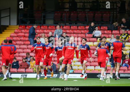 Watford, Großbritannien. September 2023 30. Middlesbrough-Spieler wärmen sich während des Sky Bet Championship Matches Watford vs Middlesbrough in der Vicarage Road, Watford, Großbritannien, am 30. September 2023 auf (Foto: Arron Gent/News Images) in Watford, Großbritannien am 30. September 2023. (Foto: Arron Gent/News Images/SIPA USA) Credit: SIPA USA/Alamy Live News Stockfoto