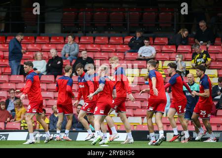 Watford, Großbritannien. September 2023 30. Middlesbrough-Spieler wärmen sich während des Sky Bet Championship Matches Watford vs Middlesbrough in der Vicarage Road, Watford, Großbritannien, am 30. September 2023 auf (Foto: Arron Gent/News Images) in Watford, Großbritannien am 30. September 2023. (Foto: Arron Gent/News Images/SIPA USA) Credit: SIPA USA/Alamy Live News Stockfoto