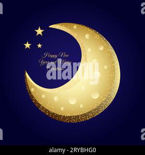 goldener Mond brillantes Märchen auf dunkelblauem Hintergrund mit goldener Inschrift des glücklichen neuen Jahres und des weihnachtsvektorbildes Stockfoto