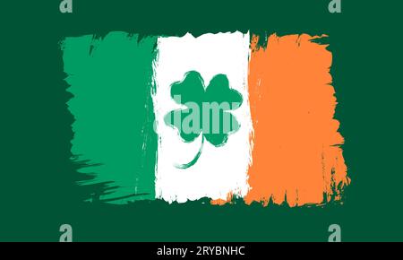Vector Vintage Irland Flagge mit Glück vier Blatt Klee für Patrick's Day. Vintage-Flagge von Irland mit vierblättrigem Kleeblatt im Grunge-Stil. Stock Vektor
