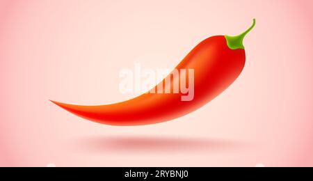 Vektorillustration eines scharfen roten Chilipfeffers auf rosa Hintergrund. Rote Chili im Feuer für mexikanische oder thailändische Gerichte in realistischem Stil. Stock Vektor
