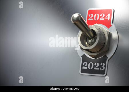 Neujahrswechsel 2024. Vintage-Schalter mit den Nummern 2023 und 2024. 3D-Abbildung Stockfoto