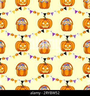 Niedlicher Halloween-Hintergrund mit einem Korb voller Süßigkeiten, einer Jacquardlaterne und einer Girlande. Deko für Halloween-Feierlichkeiten. Für Tapeten, Geschenk p Stock Vektor