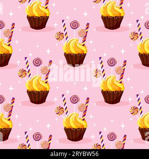 Nahtloses Muster mit Süßigkeiten auf rosa Hintergrund. Schokoladen-Cupcake mit Zitronencreme und Lollipops-Hintergrund. Süßes Essen. Vektorillustration. Stock Vektor