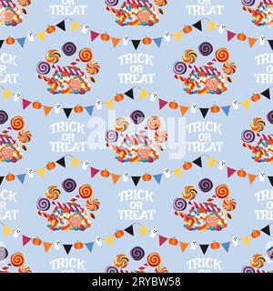 Nahtloses Halloween-Muster mit Süßigkeiten und einer Girlande mit Flaggen, Kürbissen und Geistern. Deko für Halloween-Feierlichkeiten. Für Tapeten, Geschenkpapier, Stoff, Stock Vektor