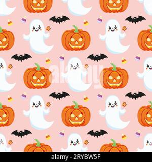 Nahtloses Muster mit Halloween-Elementen. Kindlicher Hintergrund mit Geist, Kürbis, Süßigkeiten, Fledermaus auf rosa. Für Tapeten, Geschenkpapier, Stoff, Weihnachtsdeko Stock Vektor