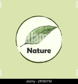 Blattmuster. Natursymbol. Grüne Pflanzenskizze. Kreisbeschriftung. Logo-Design für Bio- oder gesunde Produkte. Grüne Laubzeichnung. Umweltökologie. Sommersaison. Recycling-Symbol. Botanisches Vektorelement Stock Vektor
