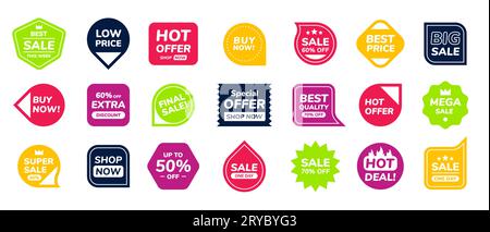 Verkaufsmarken. Aufkleber mit Sonderangeboten. Hellkreisförmiges Etikett. Rundes Preissiegel. Beste Werbeaktion. Menüband-Symbol. Marketingsymbole im Geschäft. Werbeabzeichen. Rabattembleme. Vector Shopping Banner Design Set Stock Vektor