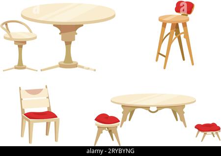 Tisch und Stuhl. Heimische Holzmöbel. Barhocker. Sessel mit Kissen. Zimmer- oder Terrassenmöbel. Esstisch. Bequeme Sitze. Einrichtung im Apartment. Vektorhaus Innere isolierte Objekte Set Stock Vektor