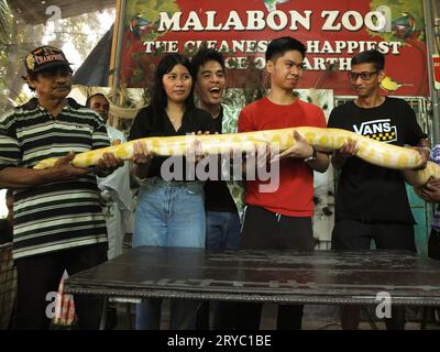 Malabon, Philippinen. September 2023 30. Die Schüler halten 'Cheesecake', eine albino-burmesische Python mit dem Zooassistenten. Tierliebhaber und Besitzer strömen zum Malabon Zoo, um den Welttiertag und den Festtag von St. zu feiern Franz von Assisi, Schutzpatron der Tiere. Unter der Leitung von Manny Tangco, Gründer des Malabon Zoo. Er präsentiert Medienleuten, Studenten und Haustierbesitzern „Sir George“ das weiße Löwenjunge und „Cheesecake“, eine albino-burmesische Python. Sie führen auch Haustiersegnungen und kostenlose Tollwutschutzimpfungen für Haustiere durch. Quelle: SOPA Images Limited/Alamy Live News Stockfoto