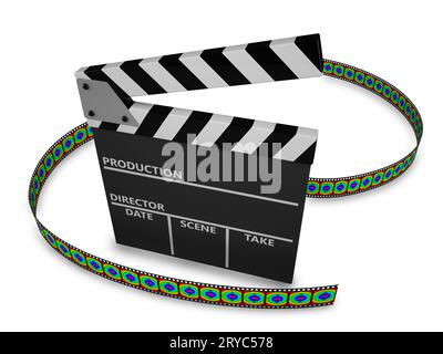 Clapboard und Filmstreifen auf weißem Hintergrund Stockfoto