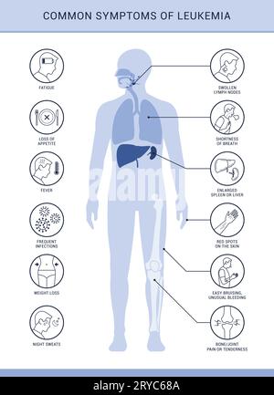 Häufige Symptome und Anzeichen von Leukämie, Infografik mit Symbolen Stock Vektor