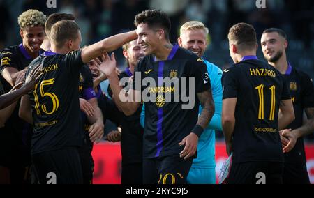 Eupen, Belgien. September 2023 30. Anderlechts Luis Vazquez feiert am Samstag, den 30. September 2023 in Eupen, ein Fußballspiel zwischen KAS Eupen und RSC Anderlecht, am 09/30. Tag der ersten Liga der belgischen Meisterschaft 2023-2024. BELGA PHOTO VIRGINIE LEFOUR Credit: Belga News Agency/Alamy Live News Stockfoto