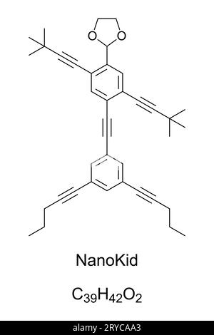 NanoKid, ein NanoPutian, chemische Formel und Skelettstruktur. Organisches Molekül, das der menschlichen Form ähnelt, sequenziert für die chemische Ausbildung. Stockfoto