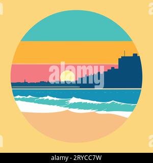 Retro-Sunset-Logo über dem Meer mit einer Silhouette aus Sonne und Wasser. Vektorillustration Stock Vektor
