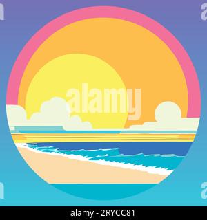 Retro-Sunset-Logo über dem Meer mit einer Silhouette aus Sonne und Wasser. Vektorillustration Stock Vektor