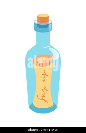 Vintage-Flasche mit einer Nachricht. Illustration im Comic-Stil. Piratenabenteuer. Schatzkarte. Schiffbrüchige. Für Aufkleber, Poster, Karten, Spiel d Stock Vektor