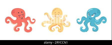 Set aus süßen, lustigen, bunten Oktopussen. Meereslebewesen. Vektor-Zeichentrickset von wirbellosen Meerestieren, Meerestieren, Kraken mit Saugern an den Händen. Illustrati Stock Vektor