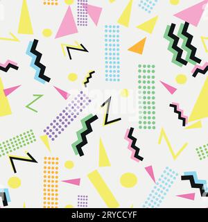 Hintergrund der 90er Jahre mit geometrischen, bunten Formen. Nahtloses Stoffmuster Stock Vektor