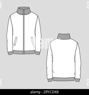 Männer Reißverschluss High Neck Sweatshirt Seitentasche Rippbündchen Mode flache Skizze cad Mock Up technische Zeichnung Vorlage Design Vektor Stock Vektor