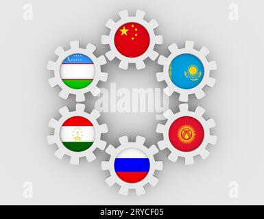 Shanghai Cooperation Organisation Mitglieder Nationalflaggen auf Zahnräder Stockfoto