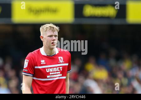 Watford, Großbritannien. September 2023 30. Josh Coburn #19 von Middlesbrough während des Sky Bet Championship Matches Watford vs Middlesbrough in Vicarage Road, Watford, Großbritannien, 30. September 2023 (Foto: Arron Gent/News Images) in Watford, Großbritannien am 30. September 2023. (Foto: Arron Gent/News Images/SIPA USA) Credit: SIPA USA/Alamy Live News Stockfoto