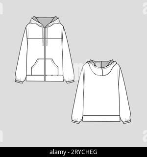 Frauen Reißverschluss Hoodie Sweatshirt Ziehen Kordelzug Kängurutasche Langarm elastische Raffung Saum flache Skizze technische Zeichnung Vektor Design Stock Vektor