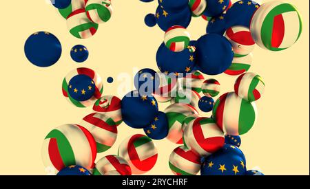 Große Gruppe von Kugeln. Flaggen Italien und der Europäischen Union Stockfoto