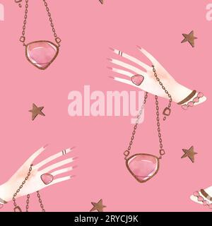 Magisches nahtloses Muster. Frauenhand mit einem Kristall an einer Kette und goldenen Sternen. Ritual zur Vorhersage der Zukunft. Lithomancy. Mystische Wahrsagung. Stockfoto