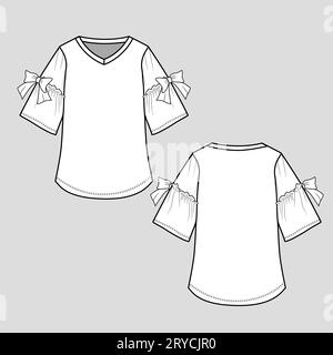 Bow Tie Sleeve Mode Trompete Sleeve Gathering V Ausschnitt Top T Shirt Bluse CAD Flat Sketch technische Zeichnung Vorlage Design Vektor Stock Vektor