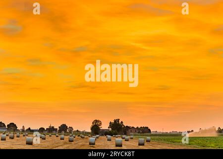 Sonnenuntergang auf Heuballen Stockfoto