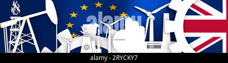 Energie- und Stromsymbole eingestellt. Kopfzeilenbanner mit britische Flagge Stockfoto