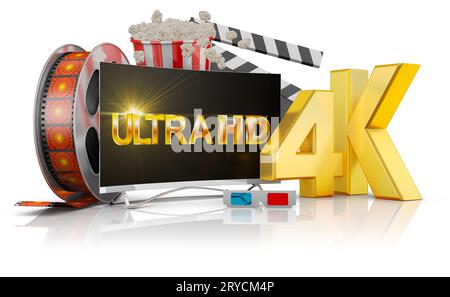 4K-TV, Popcorn und Film Stockfoto