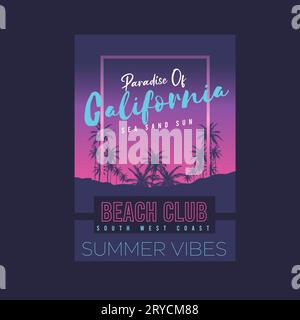 Sommer Graphic Poster Kalifornien Palm Tree Beach Club Sommer Vibes Gradient Poster Typografie T-Shirt Grafik Print Design Vektor Flyer, Banner, Karte Stock Vektor