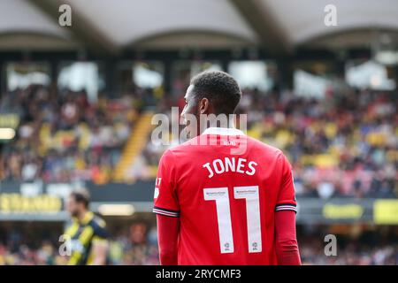 Watford, Großbritannien. September 2023 30. Isaiah Jones #11 von Middlesbrough während des Sky Bet Championship Matches Watford vs Middlesbrough in Vicarage Road, Watford, Großbritannien, 30. September 2023 (Foto: Arron Gent/News Images) in Watford, Großbritannien am 30. September 2023. (Foto: Arron Gent/News Images/SIPA USA) Credit: SIPA USA/Alamy Live News Stockfoto