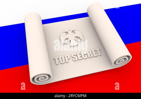 Top secret Papierrolle auf Hintergrund strukturiert durch russische Flagge Stockfoto