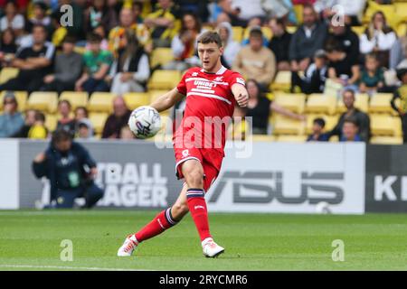 Watford, Großbritannien. September 2023 30. Jonathan Howson #16 von Middlesbrough geht beim Sky Bet Championship Match Watford vs Middlesbrough in der Vicarage Road, Watford, Großbritannien, am 30. September 2023 (Foto: Arron Gent/News Images) in Watford, Großbritannien, am 30. September 2023 durch. (Foto: Arron Gent/News Images/SIPA USA) Credit: SIPA USA/Alamy Live News Stockfoto