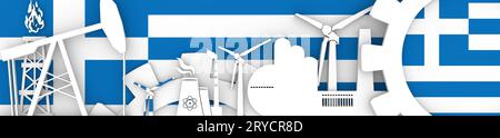 Energie und Power Icons Set. Header Banner mit Griechenland Flagge Stockfoto
